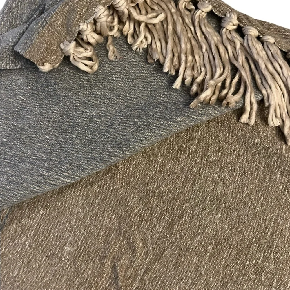 Anthropologie Cozy Heathered Fringe Throw Blanket, blue tan & cream